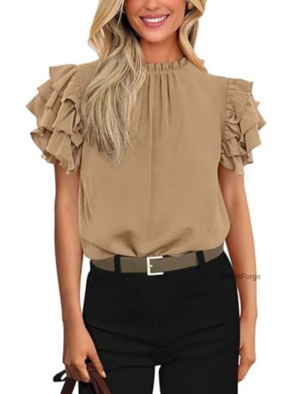 Ruffled Blouse Women's Short Sleeve Mock Neck Frill Trim Top Dressy Casual Work